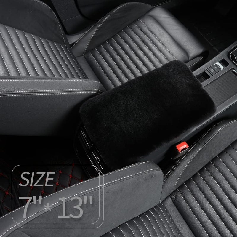 IRIWOOL Sheepskin Armrest Cover Auto Center Armrest Cover Car Soft Console Pad, Fluffy Wool Auto Center Console Cover for Most Car Arm Rest Decoration Protector 7 x 13 Inch (Shearling, Black) - Image 2